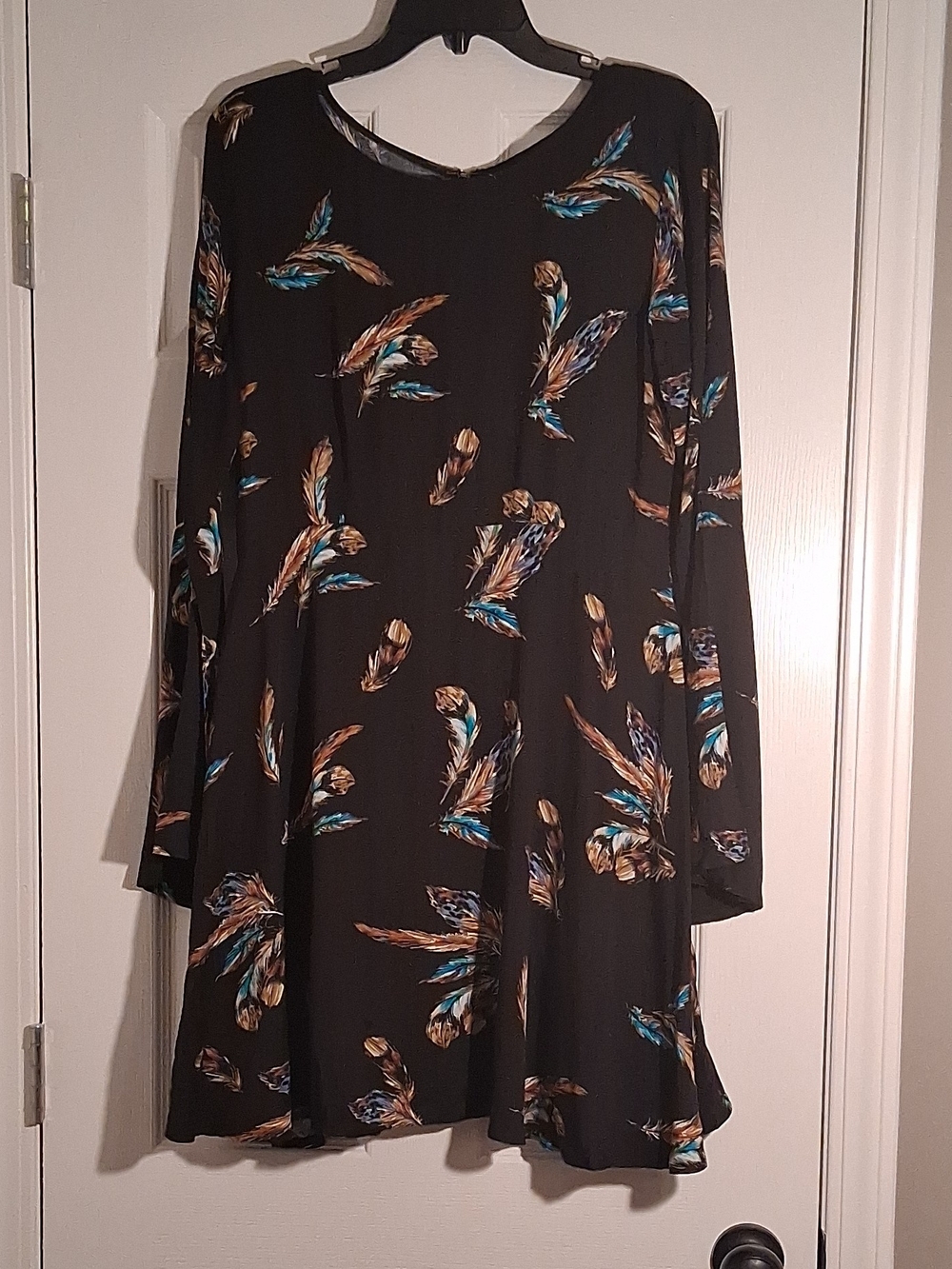 Black Feather-Print Long-Sleeve Mini Dress